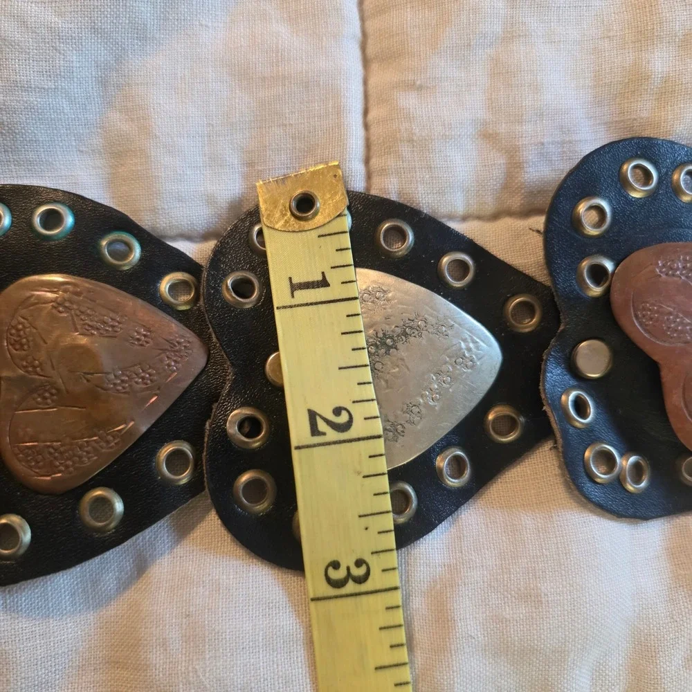 Vintage Heart Link Belt Womens Black Leather Mixed Metal Patina Made in Morocco